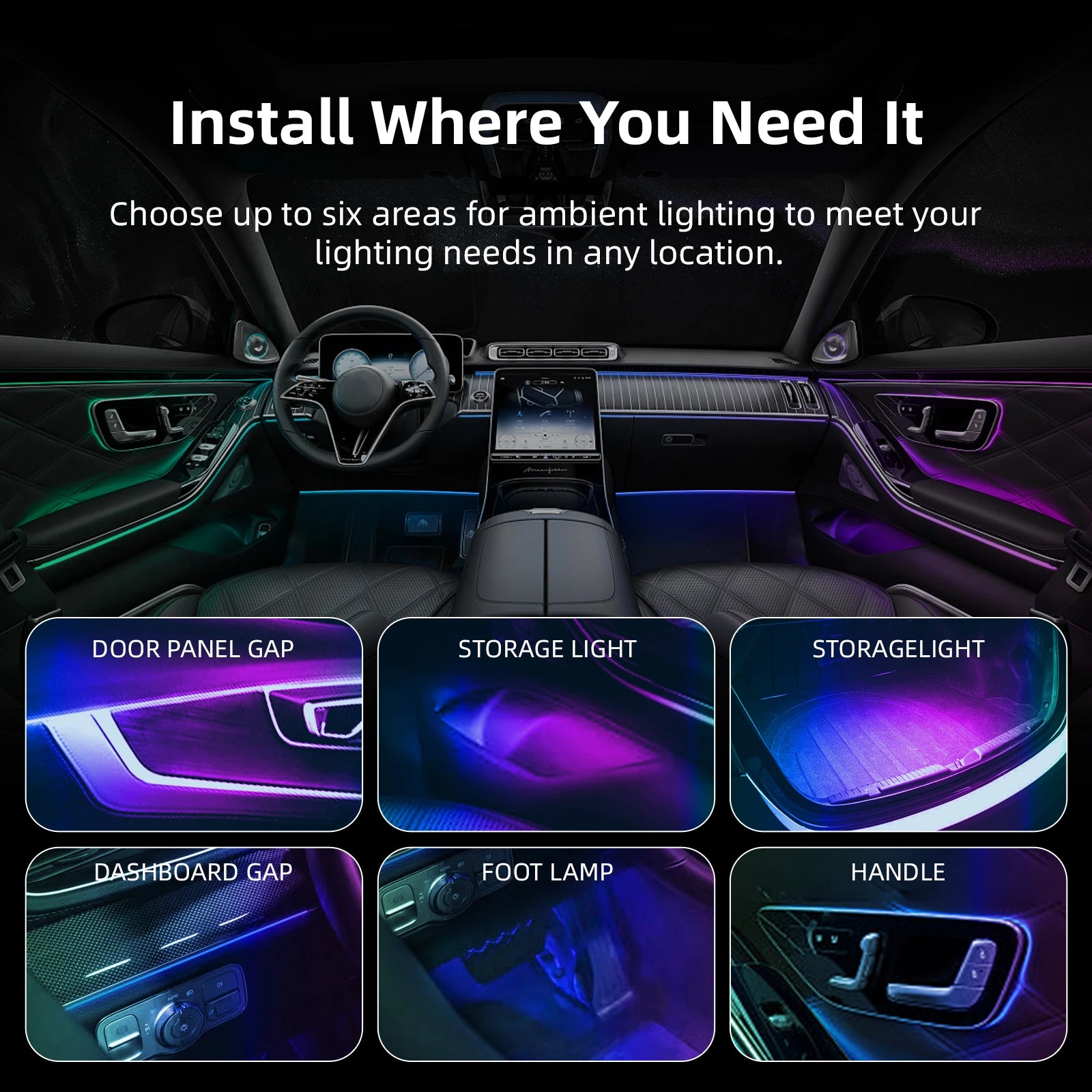 18-in-1 Universal Car Ambient Light Kit – 256 RGB Colors, App Control, Music Sync, Premium Fiber Optic, 12V for Any Vehicle