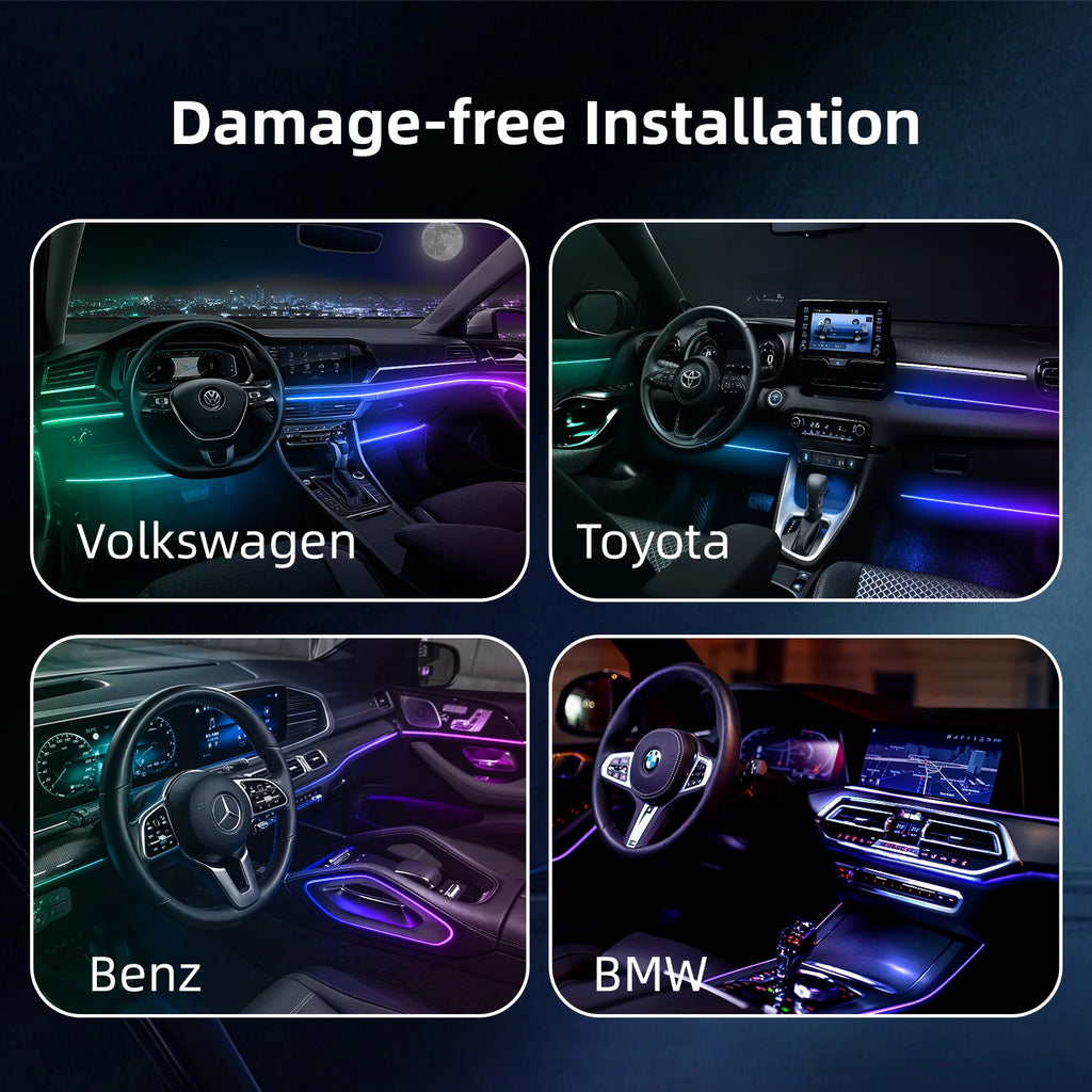 18-in-1 Universal Car Ambient Light Kit – 256 RGB Colors, App Control, Music Sync, Premium Fiber Optic, 12V for Any Vehicle