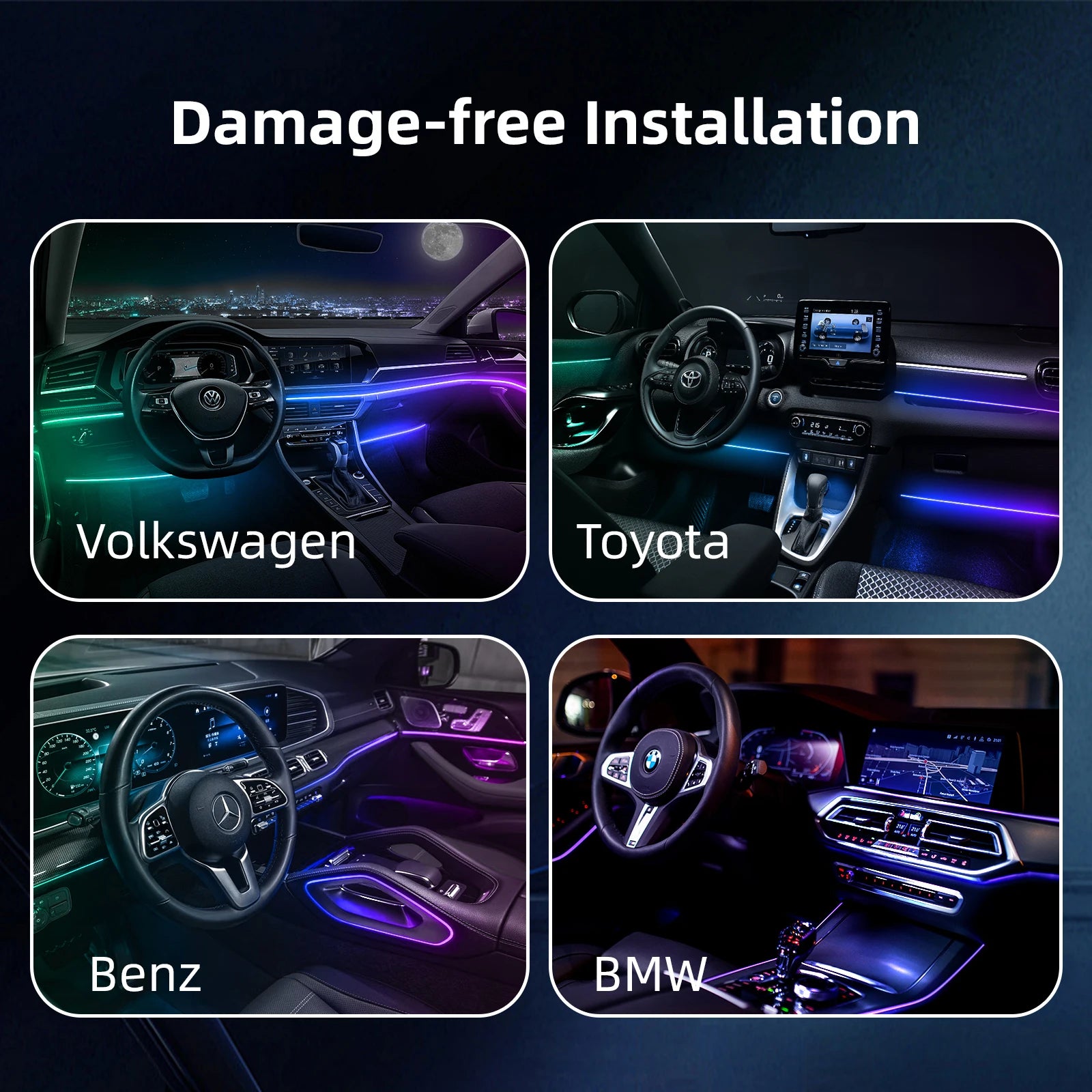 18-in-1 Universal Car Ambient Light Kit – 256 RGB Colors, App Control, Music Sync, Premium Fiber Optic, 12V for Any Vehicle