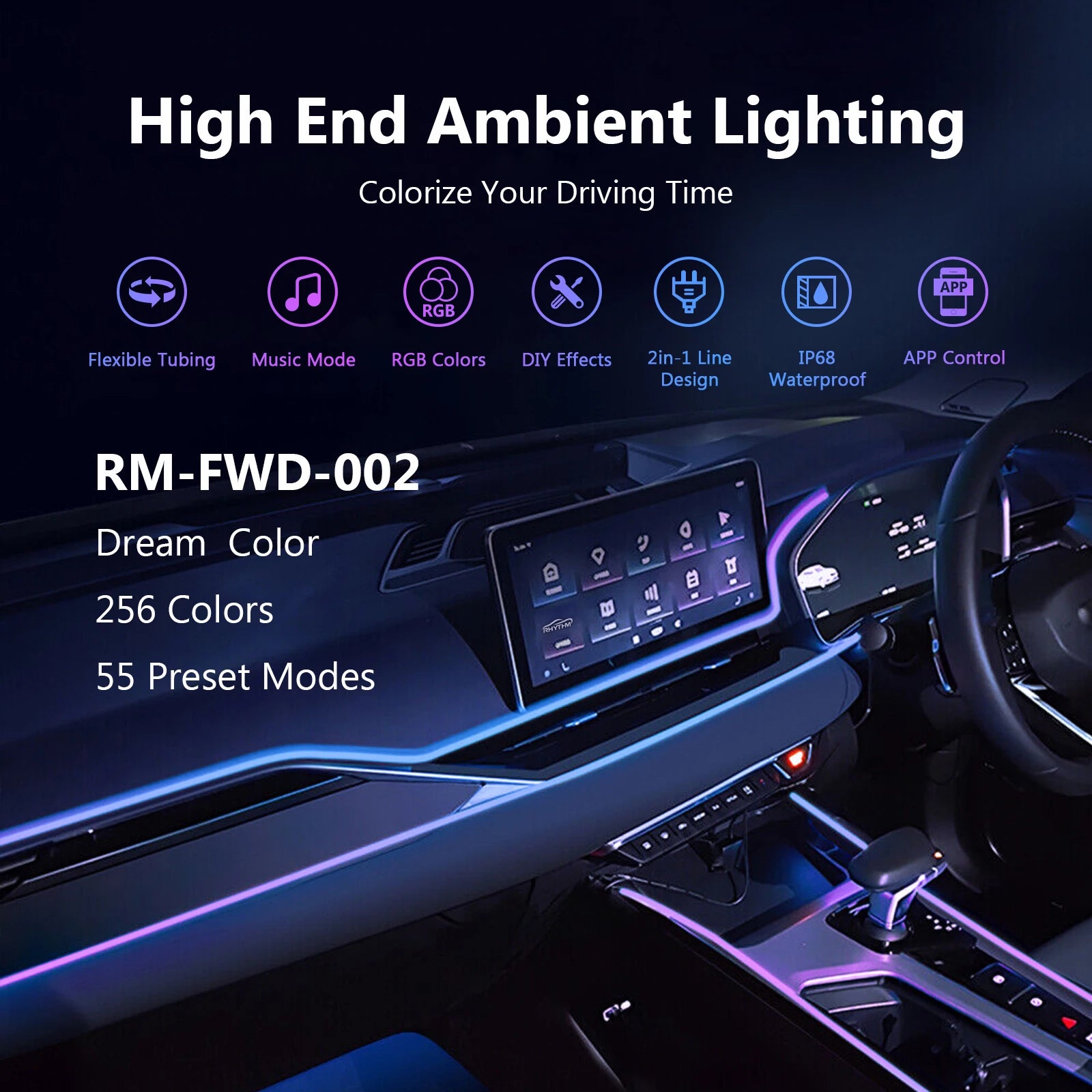 18-in-1 Universal Car Ambient Light Kit – 256 RGB Colors, App Control, Music Sync, Premium Fiber Optic, 12V for Any Vehicle