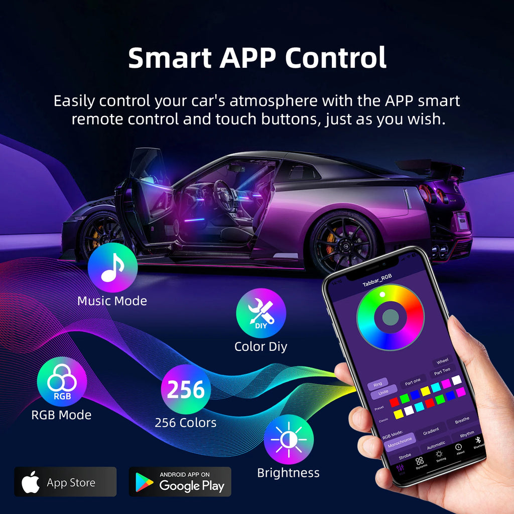 18-in-1 Universal Car Ambient Light Kit – 256 RGB Colors, App Control, Music Sync, Premium Fiber Optic, 12V for Any Vehicle