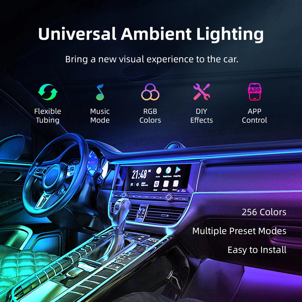 18-in-1 Universal Car Ambient Light Kit – 256 RGB Colors, App Control, Music Sync, Premium Fiber Optic, 12V for Any Vehicle