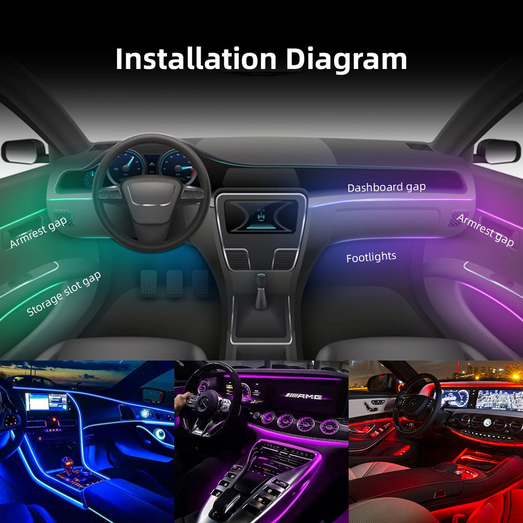 18-in-1 Universal Car Ambient Light Kit – 256 RGB Colors, App Control, Music Sync, Premium Fiber Optic, 12V for Any Vehicle