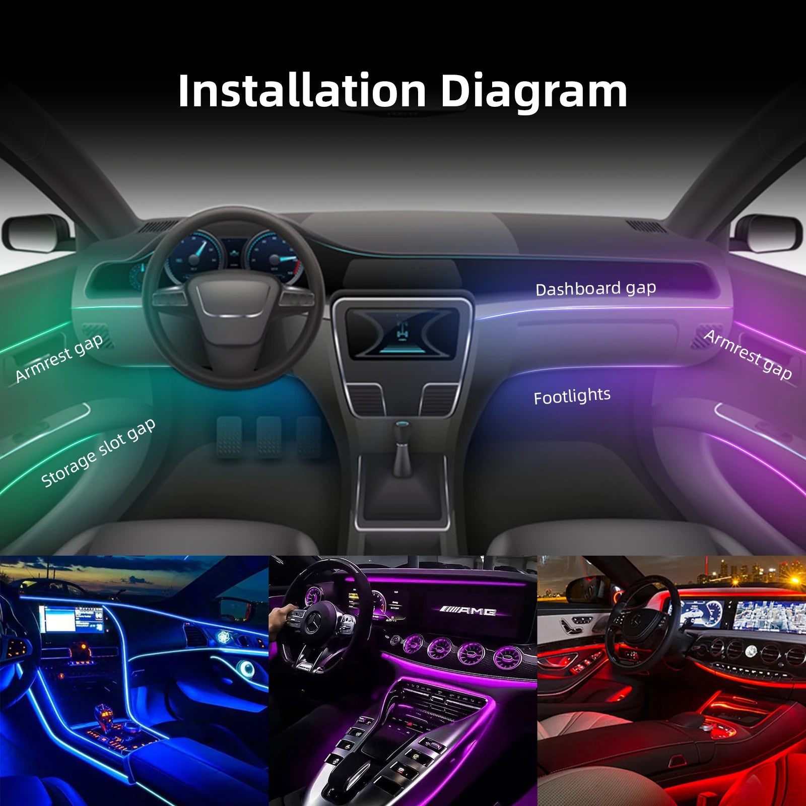 18-in-1 Universal Car Ambient Light Kit – 256 RGB Colors, App Control, Music Sync, Premium Fiber Optic, 12V for Any Vehicle