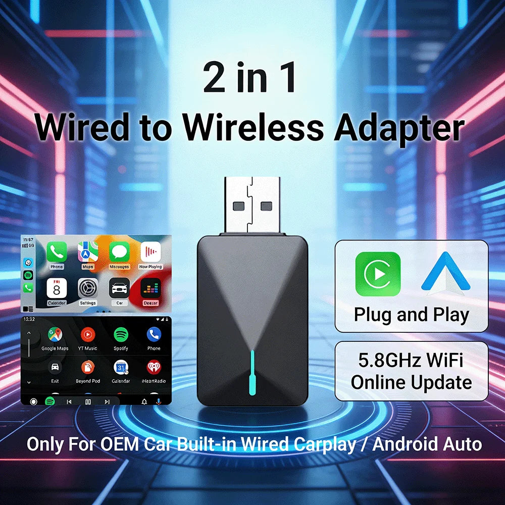 Wireless CarPlay Adapter for Wired CarPlay Cars — Android Auto Wireless Dongle, Auto-Reconnect, Plug & Play