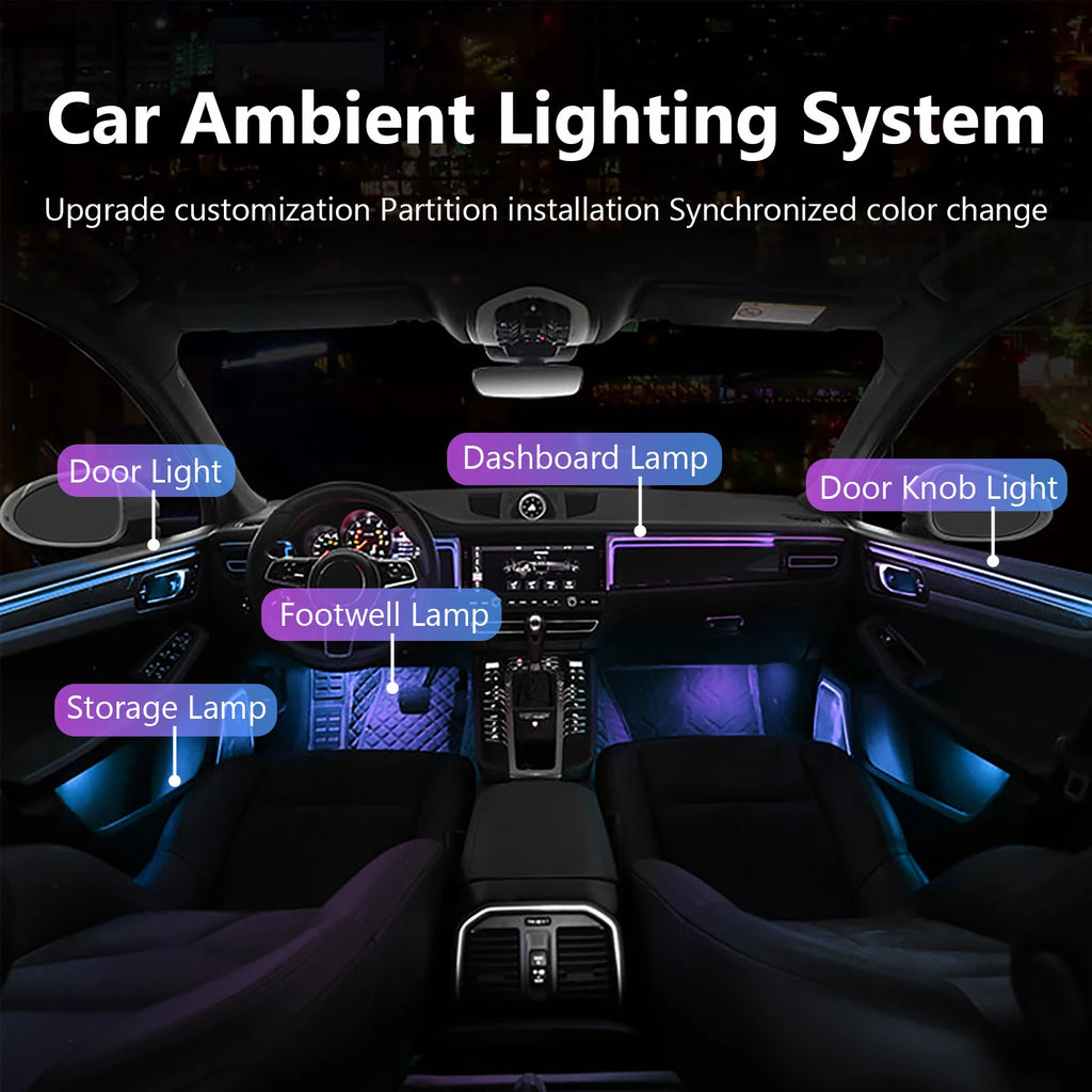 18-in-1 Universal Car Ambient Light Kit – 256 RGB Colors, App Control, Music Sync, Premium Fiber Optic, 12V for Any Vehicle