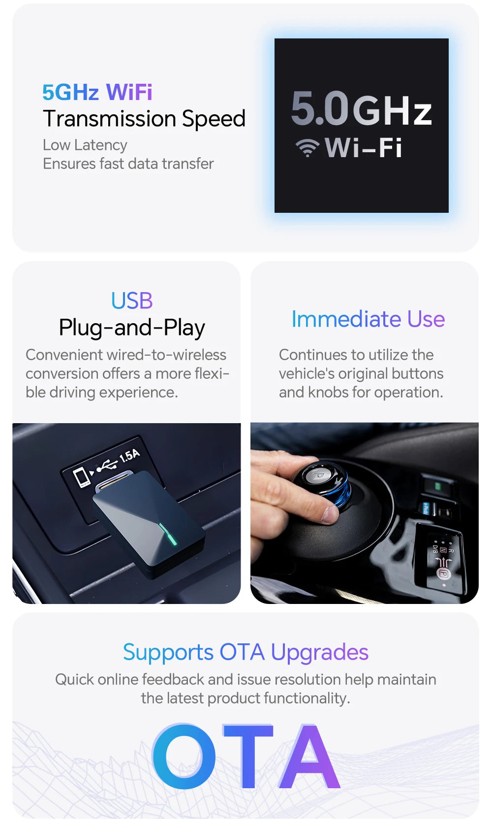 Wireless CarPlay Adapter for Wired CarPlay Cars — Android Auto Wireless Dongle, Auto-Reconnect, Plug & Play
