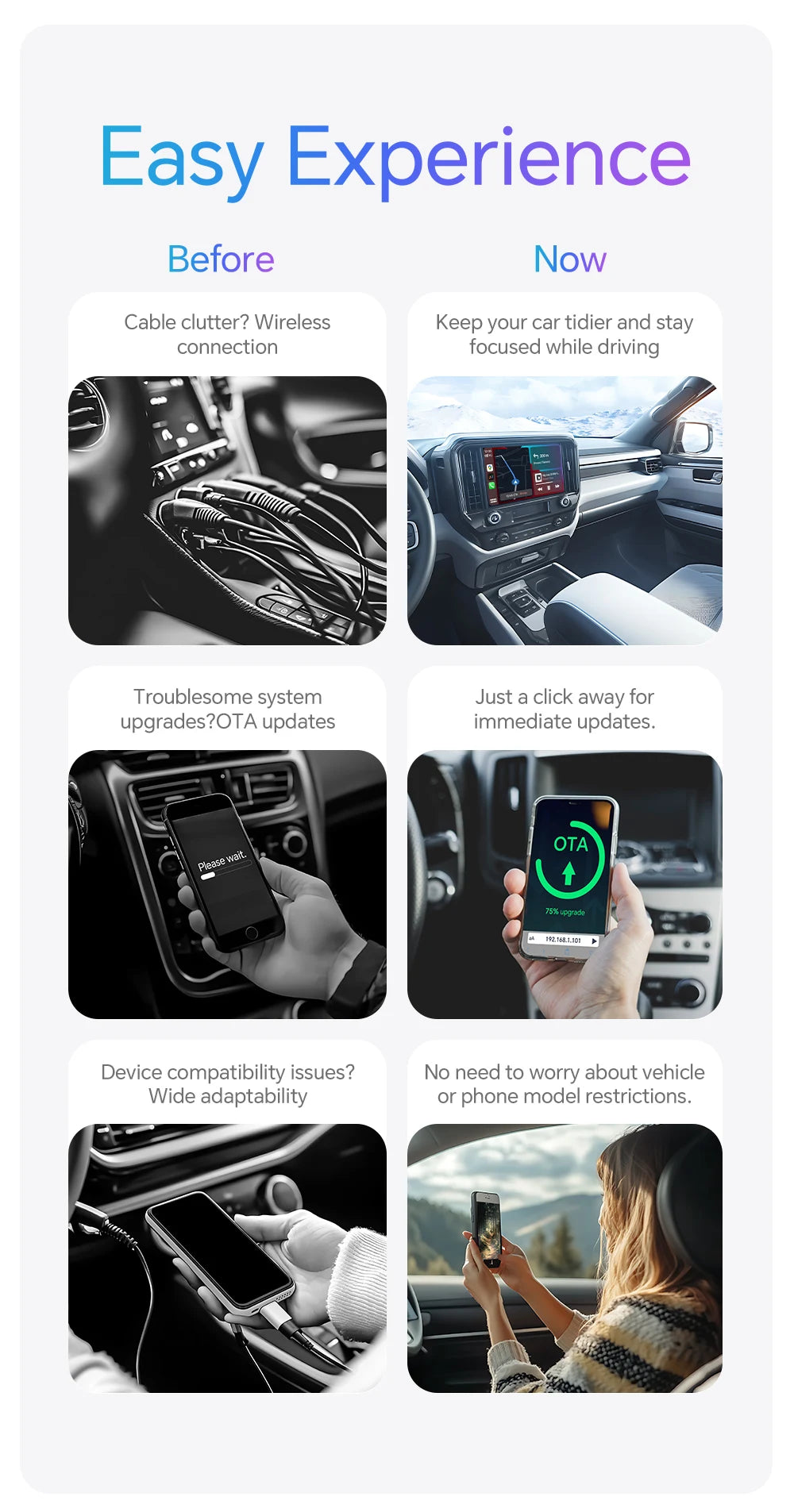 Wireless CarPlay Adapter for Wired CarPlay Cars — Android Auto Wireless Dongle, Auto-Reconnect, Plug & Play
