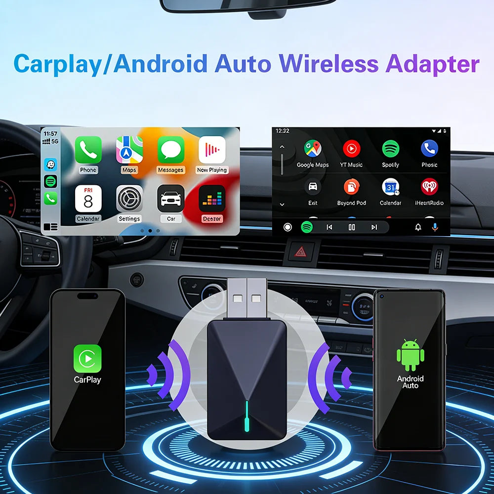 Wireless CarPlay Adapter for Wired CarPlay Cars — Android Auto Wireless Dongle, Auto-Reconnect, Plug & Play
