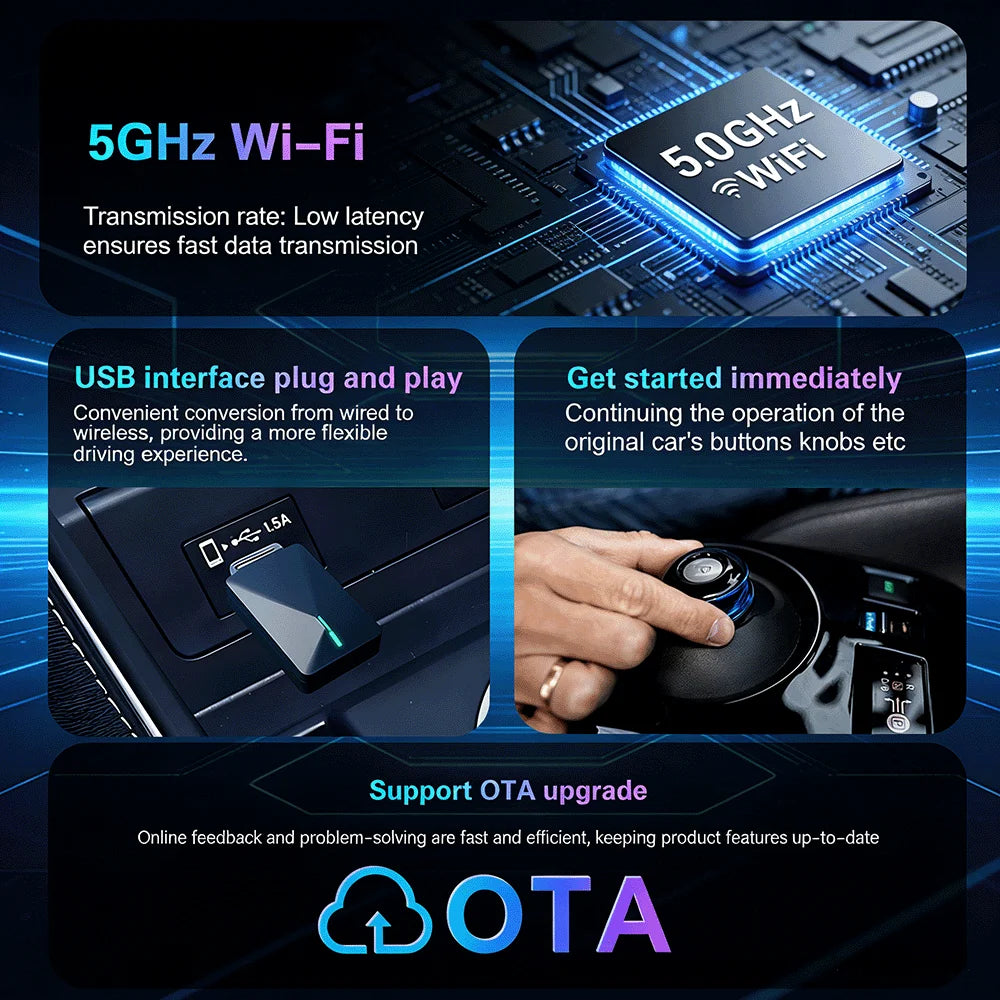 Wireless CarPlay Adapter for Wired CarPlay Cars — Android Auto Wireless Dongle, Auto-Reconnect, Plug & Play