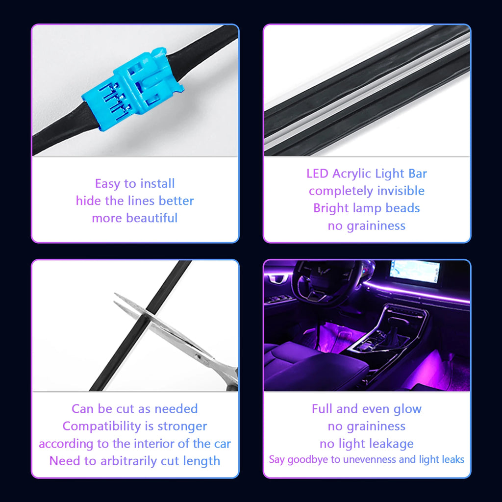 18-in-1 Universal Car Ambient Light Kit – 256 RGB Colors, App Control, Music Sync, Premium Fiber Optic, 12V for Any Vehicle