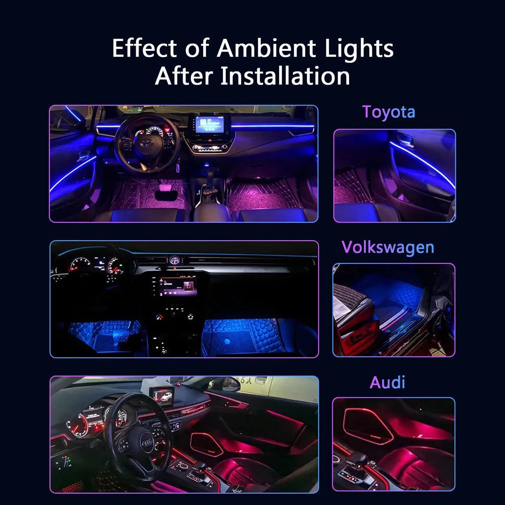 18-in-1 Universal Car Ambient Light Kit – 256 RGB Colors, App Control, Music Sync, Premium Fiber Optic, 12V for Any Vehicle