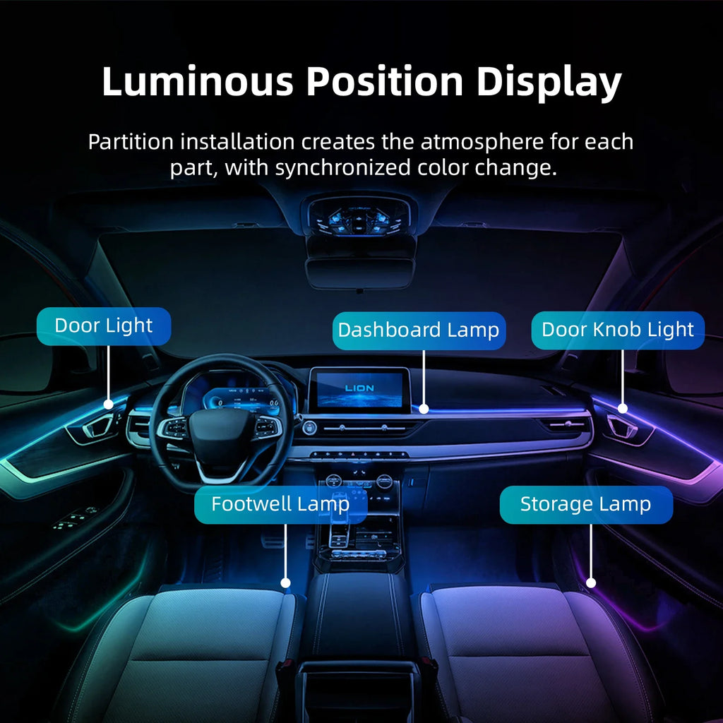 18-in-1 Universal Car Ambient Light Kit – 256 RGB Colors, App Control, Music Sync, Premium Fiber Optic, 12V for Any Vehicle