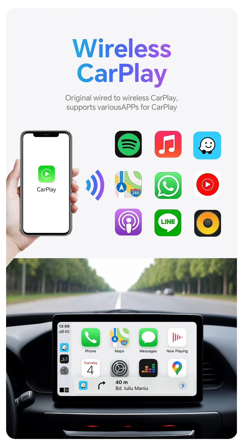 Wireless CarPlay Adapter for Wired CarPlay Cars — Android Auto Wireless Dongle, Auto-Reconnect, Plug & Play